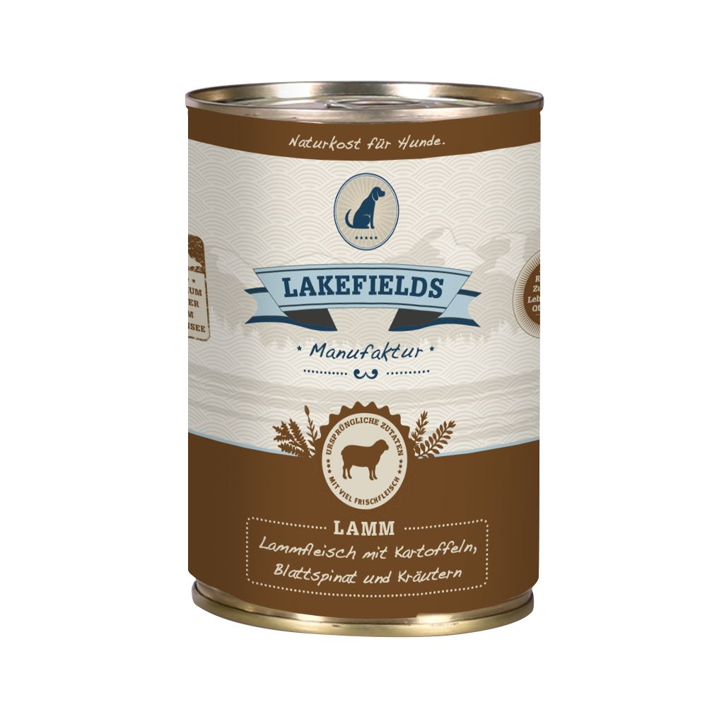 Dosenfleisch-Menü Lamm für ausgewachsene Hunde mit Kartoffeln, Blattspinat und Kräutern